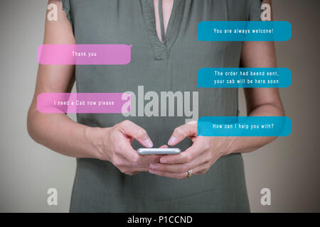Woman interacting with a chatbot on her smartphone to book a cab, modern technology simplifies daily tasks, enhances convenience, technology concept Stock Photo