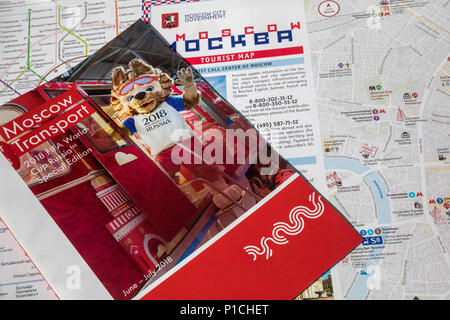 Moscow, Russia. 11th June, 2018. Travel Guide and Travel Information for visitors of the FIFA World Cup 2018 at outdoors information desk in Moscow, Russia Credit: Nikolay Vinokurov/Alamy Live News Stock Photo