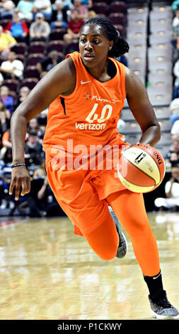 Connecticut, USA. 9th June, 2018. Connecticut forward, Shekinna Stricklen, drives the ball during the WNBA game vs. The Minnesota Lynx held at Mohegan Sun Arena in Connecticut. The Sun won 89-75 . Ron Waite/CSM/Alamy Live News Stock Photo