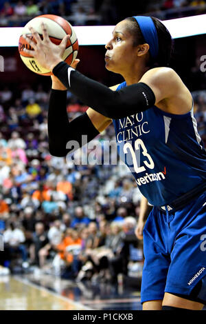 Connecticut, USA. 9th June, 2018. Minnesota forward, Maya Moore, prepares to make a shot during the WNBA game vs. The Minnesota Lynx held at Mohegan Sun Arena in Connecticut. The Sun won 89-75 . Ron Waite/CSM/Alamy Live News Stock Photo