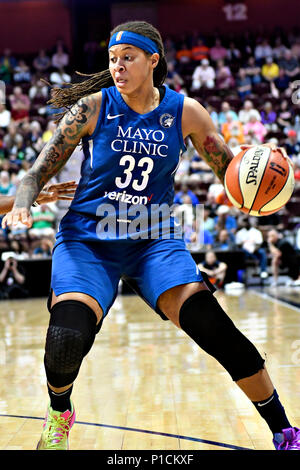 Connecticut, USA. 9th June, 2018. Minnesota guard, Seimone Augustus, dribbles the ball during the WNBA game vs. The Minnesota Lynx held at Mohegan Sun Arena in Connecticut. The Sun won 89-75 . Ron Waite/CSM/Alamy Live News Stock Photo