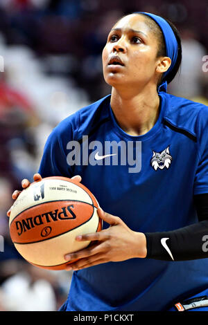 Connecticut, USA. 9th June, 2018. Minnesota forward, Maya Moore, practices her free throw before the WNBA game vs. The Minnesota Lynx held at Mohegan Sun Arena in Connecticut. The Sun won 89-75 . Ron Waite/CSM/Alamy Live News Stock Photo