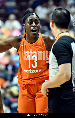 Connecticut, USA. 9th June, 2018. Connecticut forward, Chiney Ogwumike, protests to referee during the WNBA game vs. The Minnesota Lynx held at Mohegan Sun Arena in Connecticut. The Sun won 89-75 . Ron Waite/CSM/Alamy Live News Stock Photo