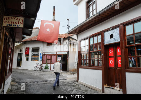31 May 2018, Turkey, Mugla: A man walks along an alley of the old town Saburhane. · NO WIRE SERVICE · Photo: Jens Kalaene/dpa-Zentralbild/dpa Stock Photo