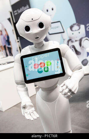 Hannover, Germany. 11th June, 2018. CEBIT 2018, international computer expo and Europe's Business Festival for Innovation and Digitization: Pepper, interactive humanoid robot, companion and personal robot, manufactured by company SoftBank Robotics. Credit: Christian Lademann/Alamy Live News Stock Photo