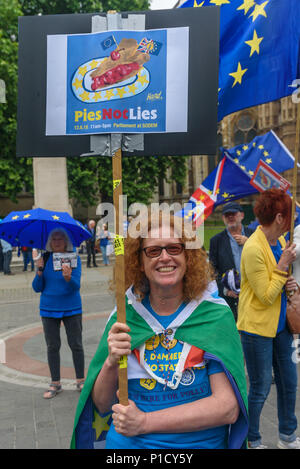 London, UK. 12th June 2018. Protesters continue their protests outside Parliament calling for an end to the process of leaving Europe with a 'Pies Not Lies' Remainathon during the parliamentary debate on the European Union (Withdrawal) Bill. The Stand of Defiance European Movement, SODEM, started by Steven Bray in September 2017 have continued to protest every day that MPs are in session. it that t Credit: Peter Marshall/Alamy Live News Stock Photo