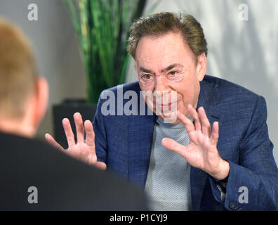 12 June 2018, Germany, Bochum: British composer Andrew Lloyd Webber speaking to a journalist before the gala for the 30th anniversary of the musical 'Starlight Express'. The musical was performed in Bochum for the first time on 12 June 1988. Photo: Caroline Seidel/dpa Stock Photo