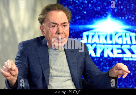 12 June 2018, Germany, Bochum: British composer Andrew Lloyd Webber speaking to a journalist before the gala for the 30th anniversary of the musical 'Starlight Express'. The musical was performed in Bochum for the first time on 12 June 1988. Photo: Caroline Seidel/dpa Stock Photo
