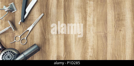 Hairdresse tools on a wooden table, 3d render illustration Stock Photo