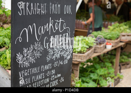 Market garden sign at Daylesford Organic farm summer festival. Daylesford, Cotswolds, Gloucestershire, England Stock Photo
