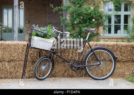 Floral display in a basket on an old fashioned shop bicycle at Daylesford Organic farm summer festival. Daylesford, Cotswolds, Gloucestershire, UK Stock Photo