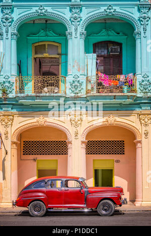 Classic vintage car and colorful colonial buildings in Old Havana, Cuba Stock Photo