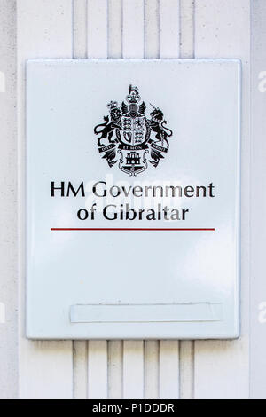 LONDON, UK - JUNE 6TH 2018: The plaque at the entrance to Gibraltar House on the Strand in London, on 6th June 2018.  Gibraltar House is the diplomati Stock Photo