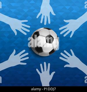 Soccer event illustration, sport game background with people hand and foot ball. United community for sports. EPS10 vector. Stock Vector