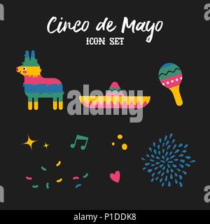 Cinco de Mayo isolated decoration set. Festive mexican hand drawn icons includes cute donkey pinata, mariachi hat and maracas. EPS10 vector. Stock Vector