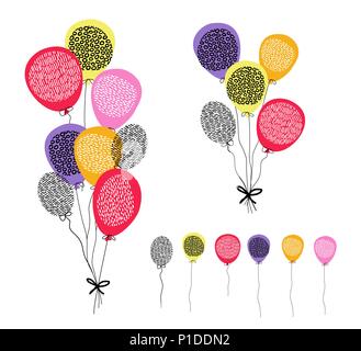 Multi color hand drawn balloons on isolated background. Colorful party decoration ideal for birthday, anniversary or special event. EPS10 vector. Stock Vector