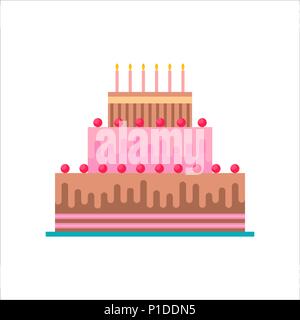 Birthday cake on isolated background. Delicious dessert food pastry made of chocolate and strawberry with celebration candles. EPS10 vector. Stock Vector