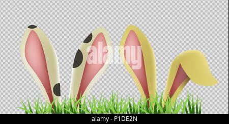 Bunny ears hiding in grass on transparent background. Isolated rabbit ear, easter animal decoration. EPS10 vector. Stock Vector