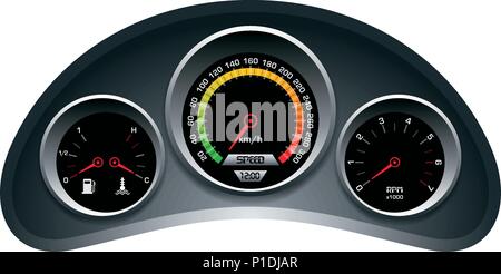 Design of speedometer, tachometer, fuel and heat panel. Dashboard template on white background. Stock Vector