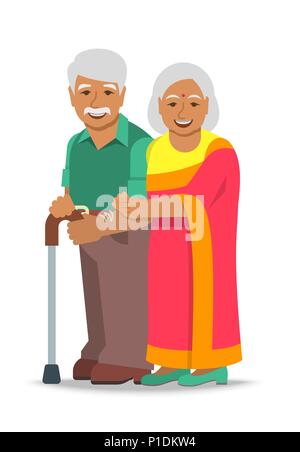 Old couple stands together. Elderly Indian woman in sari holds her husband arm. Vector flat illustration. Aged man leans on stick. Happy smiling senio Stock Vector