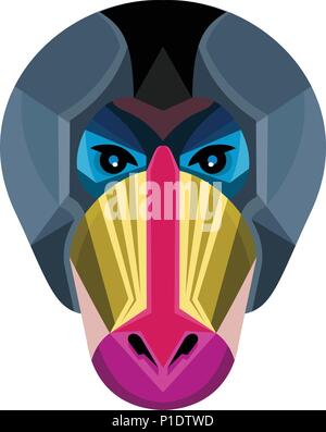 Flat icon illustration of mascot head of a mandrill, a primate of the Old World monkey family viewed from front on isolated background in retro style. Stock Vector