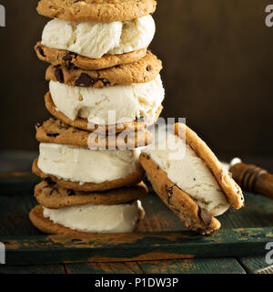 Homemade ice cream sandwiches with chocolate chip cookies Stock Photo