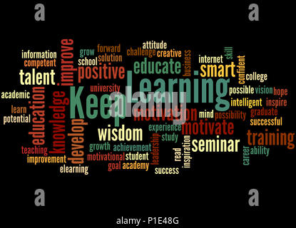 Keep Learning, word cloud concept on black background. Stock Photo