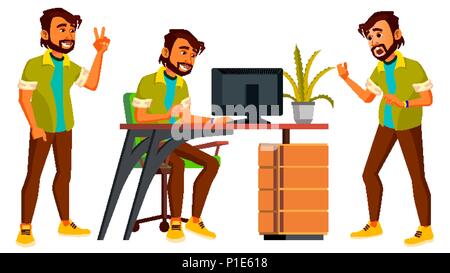 Office Indian Worker Vector. Emotions, Gestures. Set. Business Man. Professional Cabinet Workman, Officer, Clerk. Poses. Isolated Cartoon Character Illustration Stock Vector