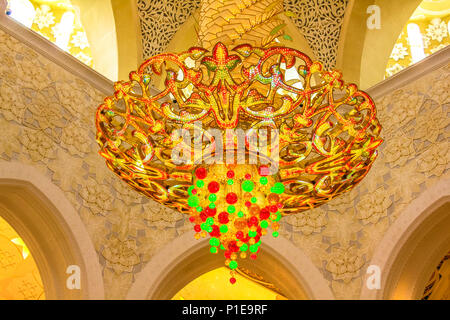 Abu Dhabi, UAE - April 22, 2013: the biggest chandelier in the world in the Main Prayer Hall of Grand Mosque Sheikh Zayed. Stock Photo