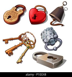 Set of vintage padlocks and keys isolated on a white background. Cartoon vector close-up illustration. Stock Vector