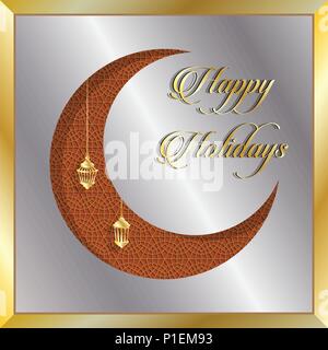 Happy Holidays greeting card with silver and gold crescent moon. All the objects are in different layers and the text types do not need any font. Stock Vector