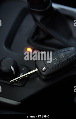 4x4 car theme. Keys lay on automatic transmission panel Stock Photo
