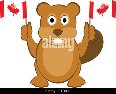 Happy beaver holding Canadian flags Stock Vector