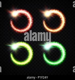 Holiday light background elements set on transparent backdrop. Decorative lights circle frame pack. Christmas colorful magic round comets with glittering glowing trail tail. Bright vector illustration Stock Vector