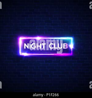 Night club neon sign on brick wall. 3d retro light bar glowing signage with neon effect on brick house. Techno frame on dark backdrop. Electric street banner. Colorful vector illustration in 80s style Stock Vector