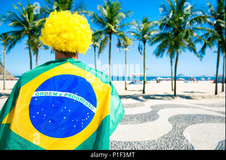 Brazilian football player with yellow afro wig holding soccer ball ...