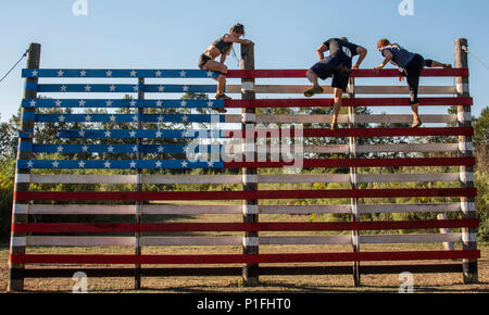 Competitors climb the American flag obstacle during the Pensacola Mud Run Oct 8. Active duty and Reserve service members from local military bases came out to get dirty in the five-mile, 20-obstacle challenge. (U.S. Air Force photo/Tech. Sgt. Sam King) Stock Photo