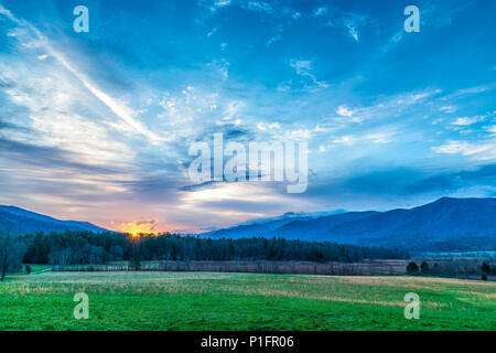 Horizontal shot of dawn breaking over the Smoky Mountains.  Beautiful colors. Stock Photo
