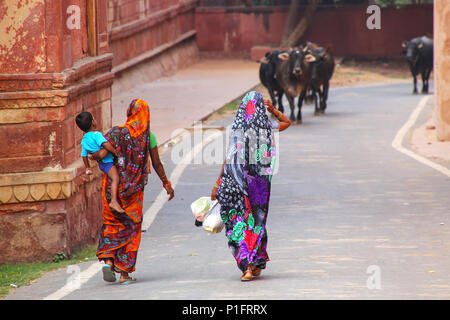 Local women walking along the wall of Taj Mahal complex in Agra, Uttar Pradesh, India. Agra is one of the most populous cities in Uttar Pradesh Stock Photo