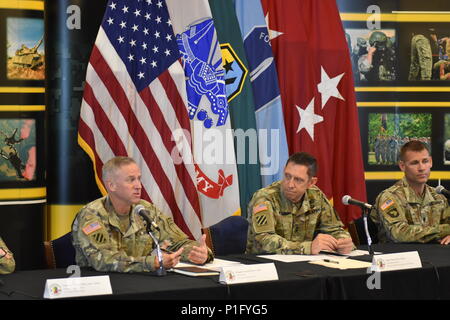 (FORT BENNING, Ga.) – Maj. Gen. Eric J. Wesley, commanding general of the Maneuver Center of Excellence; Brig. Gen. Pete L. Jones, commandant of the U.S. Army Infantry School; Lt. Col. Matthew W. Weber, battalion commander of the 2nd Battalion, 11th Infantry Regiment (IBOLC); Command Sgt. Maj. John A. Brady, command sergeant major of the U.S. Army Infantry School; and Command Sgt. Maj. Joe C. Davis, command sergeant major of the 2nd Battalion, 11th Infantry Regiment (IBOLC) participated in a media panel to discuss the historic milestone that the Infantry Basic Officer Leader Course (IBOLC) wil Stock Photo