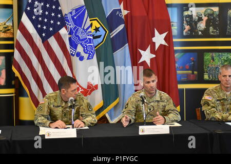 (FORT BENNING, Ga.) – Maj. Gen. Eric J. Wesley, commanding general of the Maneuver Center of Excellence; Brig. Gen. Pete L. Jones, commandant of the U.S. Army Infantry School; Lt. Col. Matthew W. Weber, battalion commander of the 2nd Battalion, 11th Infantry Regiment (IBOLC); Command Sgt. Maj. John A. Brady, command sergeant major of the U.S. Army Infantry School; and Command Sgt. Maj. Joe C. Davis, command sergeant major of the 2nd Battalion, 11th Infantry Regiment (IBOLC) participated in a media panel to discuss the historic milestone that the Infantry Basic Officer Leader Course (IBOLC) wil Stock Photo