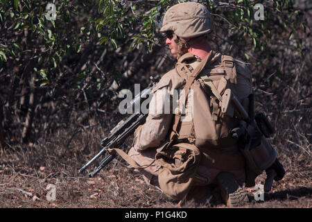 Lance Cpl. Seth Trunick, a scout rifleman with 1st Light Armored Reconnaissance Battalion, 1st Marine Division, takes a kneeling position while patrolling during a field exercise aboard Marine Corps Base Camp Pendleton, Calif., Oct. 25, 2016. The exercise was held as part of a week-long Marine Corps Combat Readiness Evaluation. Marines undergo MCCREs to ensure combat readiness before deployments. Scout riflemen carry out patrols on foot in a four or five man fire team. (U.S. Marine Corps photo illustrated by Cpl. Justin Huffty) Stock Photo