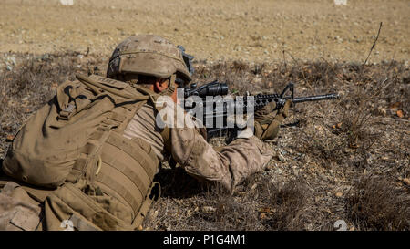 Pfc. Elmer Perez, a scout rifleman with 1st Light Armored Reconnaissance Battalion, 1st Marine Division, takes up a defensive position while waiting for extraction during a field exercise aboard Marine Corps Base Camp Pendleton, Calif., Oct. 25, 2016.  The exercise was held as part of a week-long Marine Corps Combat Readiness Evaluation. Marines undergo MCCREs to ensure combat readiness before deployments. Marines maintain coverage over an area and stay alert of any enemy activity while in their defensive positions. (U.S. Marine Corps photo by Cpl. Justin Huffty) Stock Photo