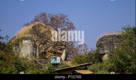 Mandalay, Myanmar - Feb 10, 2017. Ruined of elephant guardian statue in front of Mingun Pahtodawgyi pagoda in Mandalay, Myanmar. Stock Photo