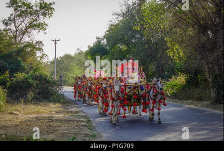 Mandalay, Myanmar - Feb 10, 2017. Burmese people at Shinbyu (pabbajja) ceremony of Theravada Buddhism in Mandalay, Myanmar. Stock Photo