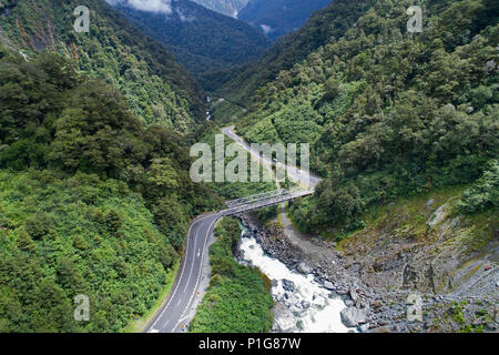 Gates of Haast, Haast Pass, Mt Aspiring National Park, West Coast, South Island, New Zealand - drone aerial Stock Photo
