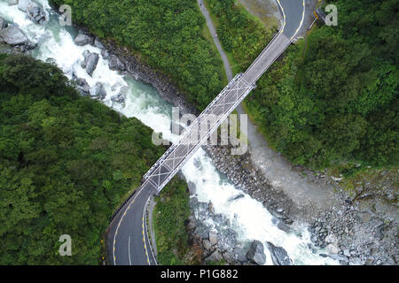 Gates of Haast, Haast Pass, Mt Aspiring National Park, West Coast, South Island, New Zealand - drone aerial Stock Photo