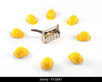 Wooden toolbox with tools surrounded by yellow hard hats on white background Stock Photo