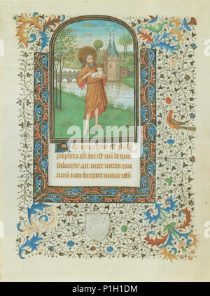 'St. John the Baptist with the Lamb of Christ', gold leaf and tempera on vellum page from a book of hours. Stock Photo