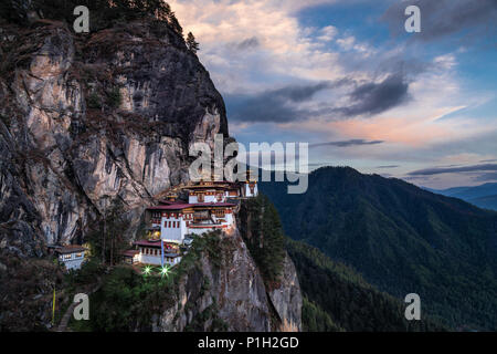 The famous Tiger's Nest monastery of Paro Taktsang at sunset in Bhutan Stock Photo
